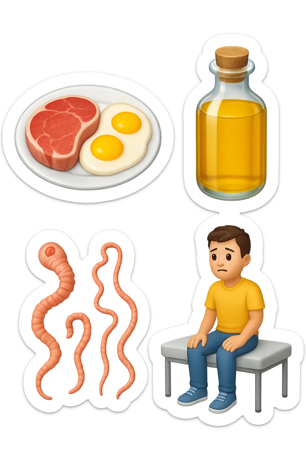 emoji stile iphone di UN PIATTO CON CARNE ROSSA E UOVA, UNA BOTTIGLIA DI OLIO DI SEMI, DUE PARASSITI TIPO LA TENIA, UOMO SEDUTO SU UN LETTINO DA FISIOTERAPISTA, IPERREALISTICO 4K sticker