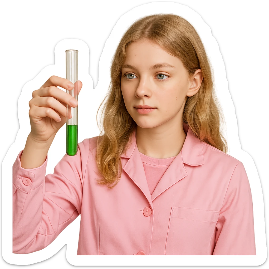 blonde girl with green-grey eyes, dressed in pink clothes, holding a test tube, chemist style sticker