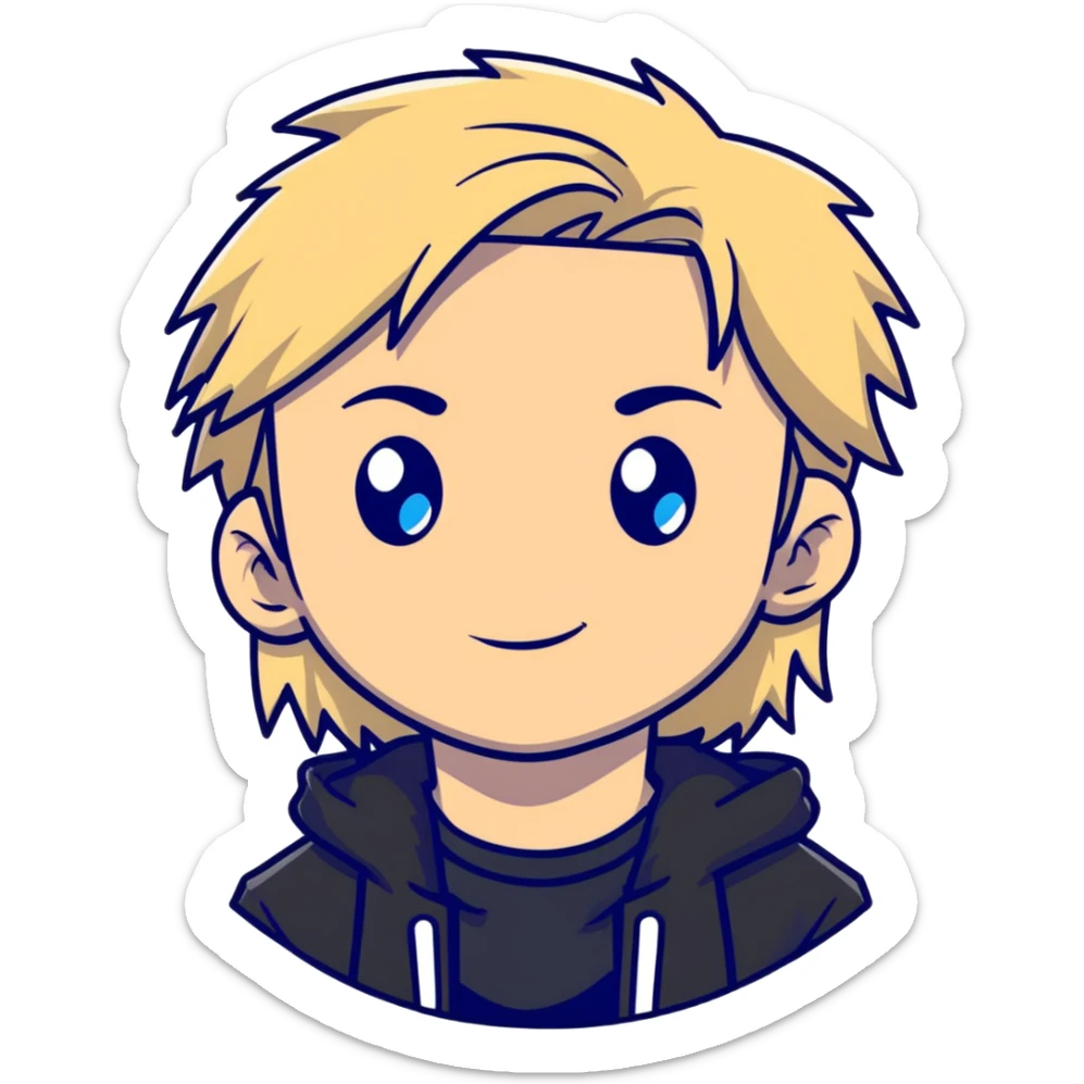 boy with long light blonde hair, dark blue eyes, facial piercings, all black clothing sticker