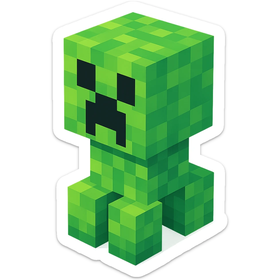 Minecraft Creeper, 3D blocky voxel style, green pixelated texture, classic Minecraft look sticker