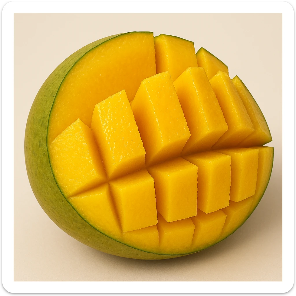 cross section of a mango sliced into pieces, showing juicy yellow-orange flesh and green-yellow skin, clear separation between slices, simple background sticker