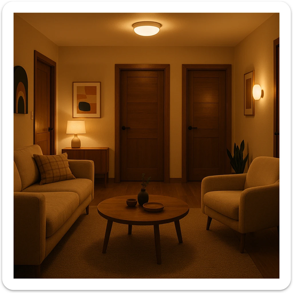 cozy room with three doors, warm lighting, modern decor sticker