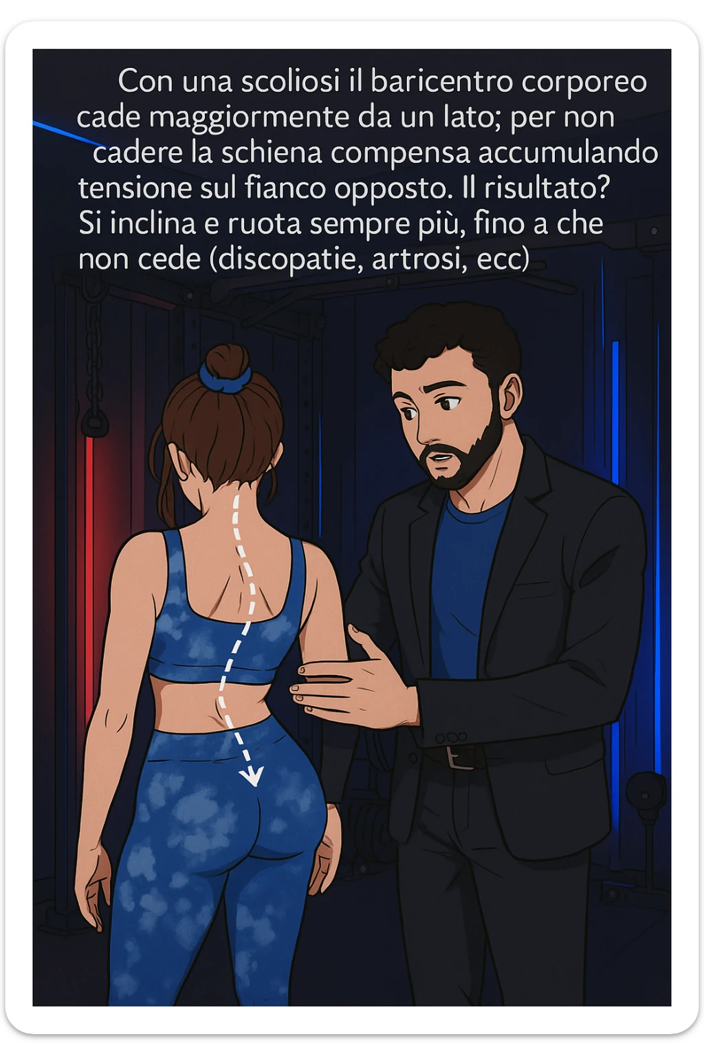 fai questa immagine in versione manga/webtoon a colori, il manga mostra la donna di spalle, mentre l'uomo le tocca la spina dorsale per spiegarle come funziona la scoliosi:
Con una scoliosi il baricentro corporeo cade maggiormente da un lato; per non cadere la schiena compensa accumulando tensione sul fianco opposto.
Il risultato? Si inclina e ruota sempre più, fino a che non cede (discopatie, artrosi, ecc) sticker