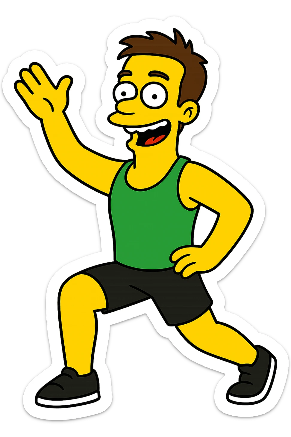 cheerful fitness instructor in Simpsons style, yellow skin, green tank top, black shorts, leading an exercise sticker