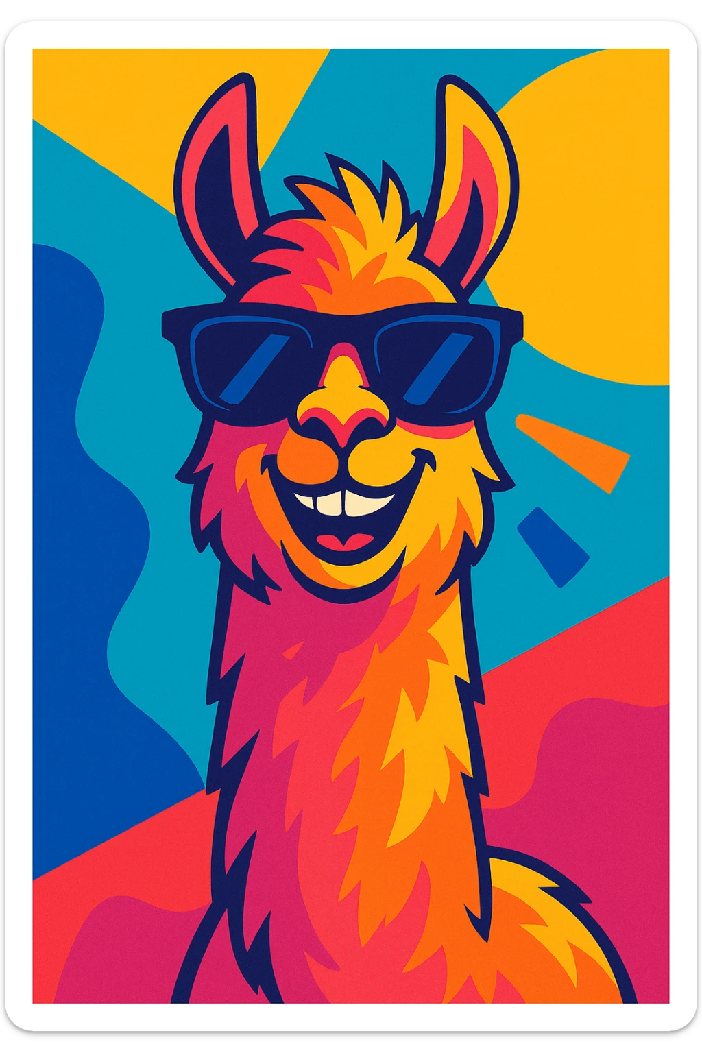 stylish llama, sunglasses, cheeky smile, energetic and modern, vibrant toon style, bright colors sticker