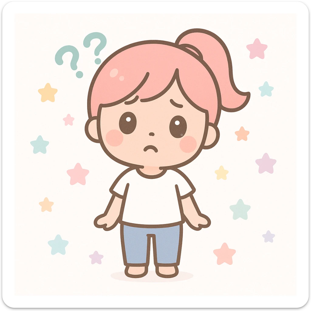 kawaii mini woman with a ponytail, white t-shirt, jeans, and a confused face sticker