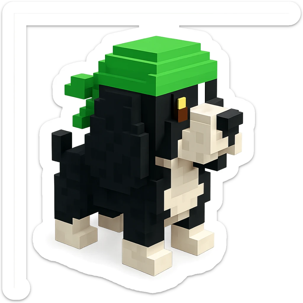A black and white Russian Cocker Spaniel puppy wearing a green durag, facing left sticker
