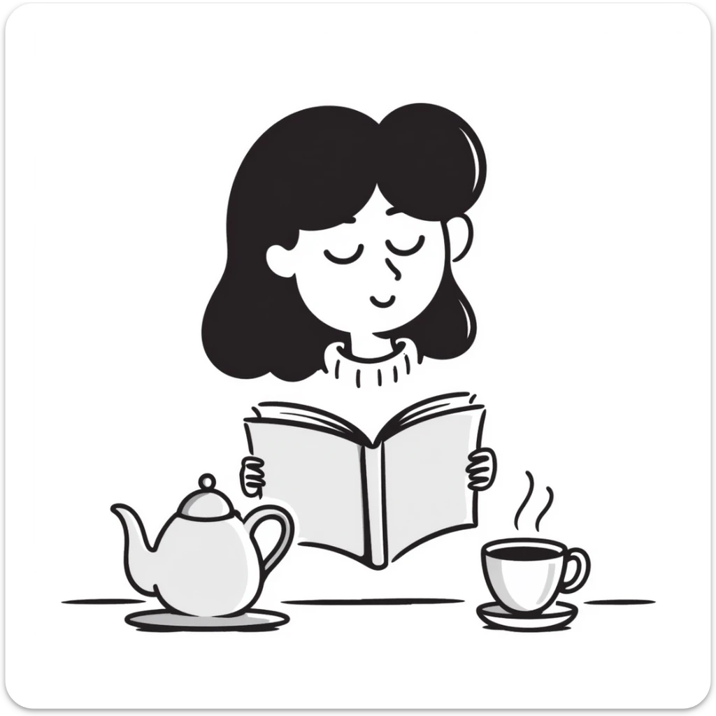A person comfortably reading a book with a cup of tea nearby sticker