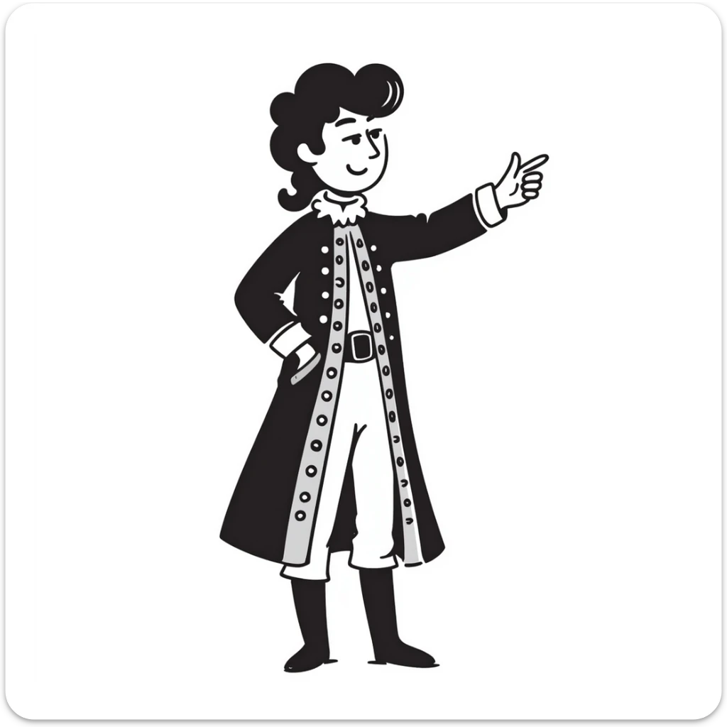 Historical figure Peter the Great in royal attire pointing to the right with his arm extended sticker