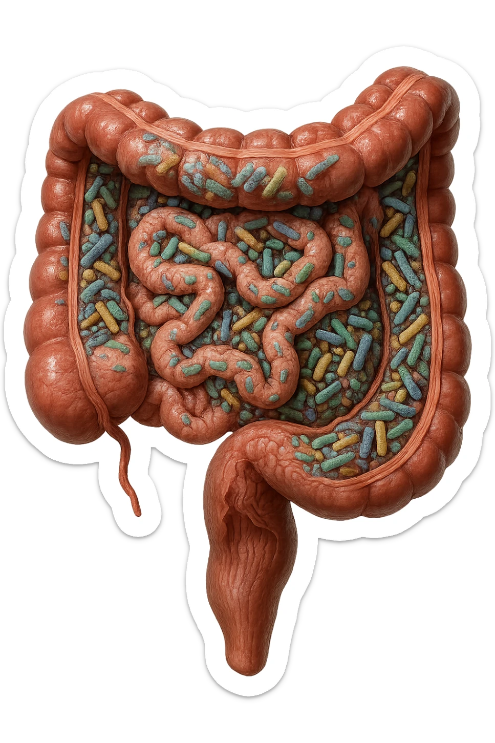 INTESTINO UMANO ANATOMICO CON ALL'INTERNO PIENO DI BATTERI INTESTINALI, IPERREALISTICO 4K sticker