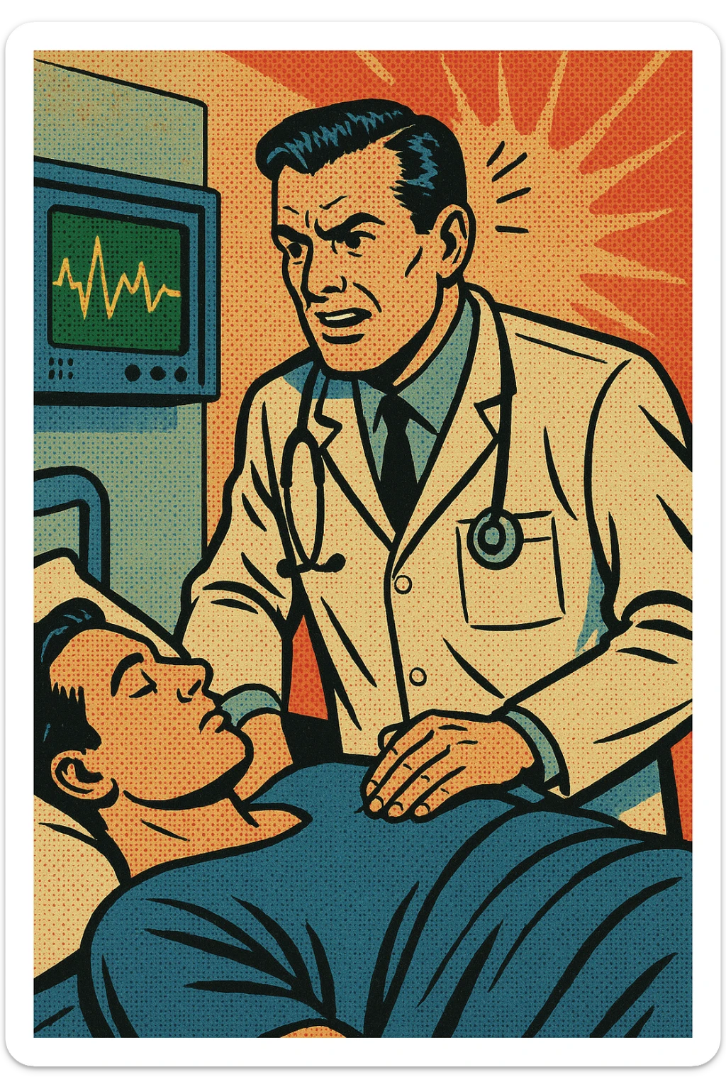 A doctor in a hospital standing in front of a heart rate monitor and a patient sticker