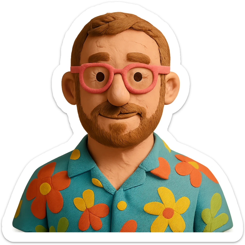 man with light skin tone, short light brown hair and beard, wearing a Hawaiian shirt and pink glasses sticker