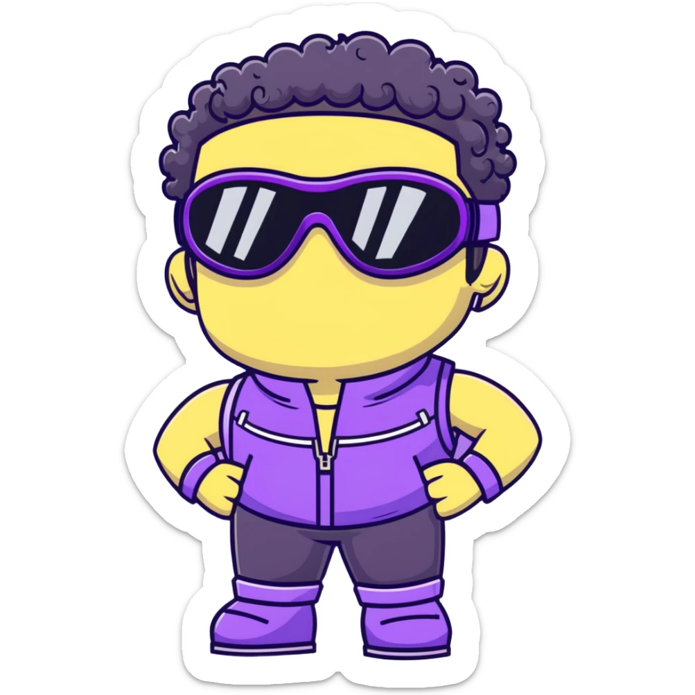 male athlete with white skin and moderately curly black hair on top with shaved sides, wearing ski goggles with purple frames and very dark black lenses, a simple plain black chain necklace, and a completely unzipped/wide open shiny purple vest fully revealing his chest and abs, no earrings sticker