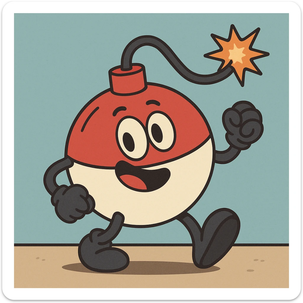 An I.E.D. Bobber-Fuse Bomb Hybrid, combining elements of a fishing bobber and a classic round bomb with a fuse, simple and colorful, flat toon style, playful and clear design, cartoonish, bold outlines sticker