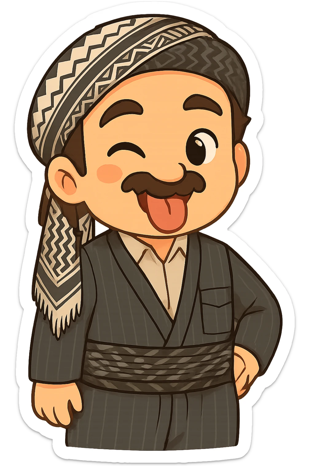 Cartoon sticker of a Kurdish man with the same clothes and scarf as the reference image, no changes to clothes or scarf, face with a tongue out and winking expression similar to emoji 😜, colorful and cheerful, no shadows or color halos around the image, no text, suitable for WhatsApp and Instagram, fully transparent background. sticker