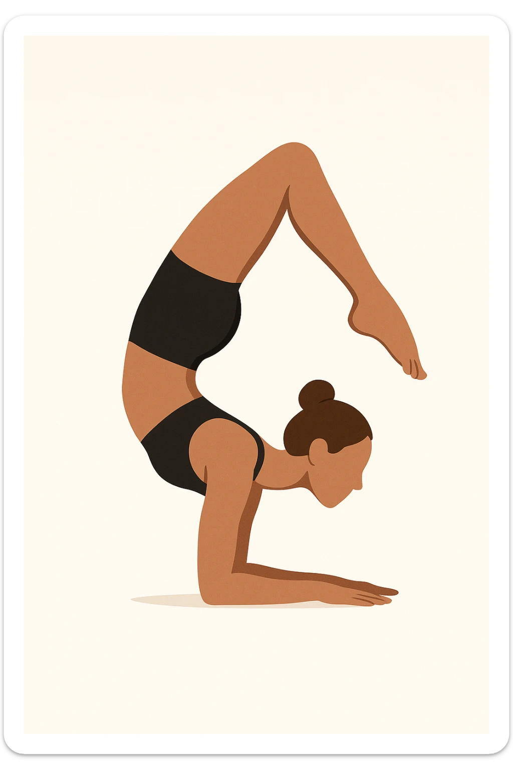 Minimalist flat vector illustration of a woman doing yoga (Vrischikasana), wearing sportswear (black top and black shorts), brown hair in a bun, clean white background, no face details, elegant style sticker