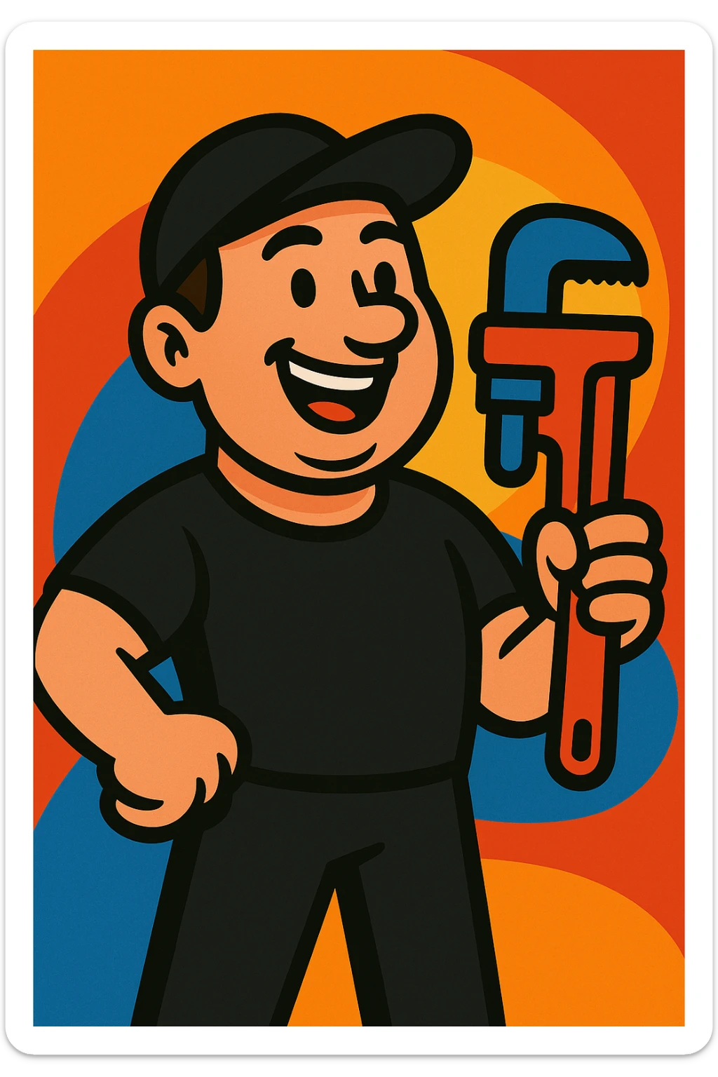 Plumber wearing a black t-shirt in vibrant cartoon style, colorful and lively illustration with clear details and expressive features. sticker