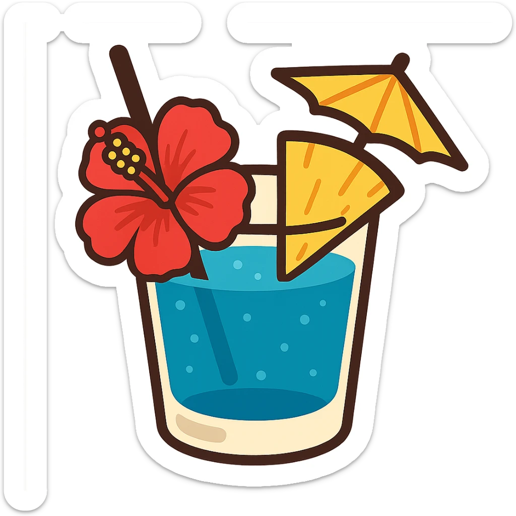 blue tropical cocktail with hibiscus, pineapple, and paper umbrella garnishes, flat toon style sticker