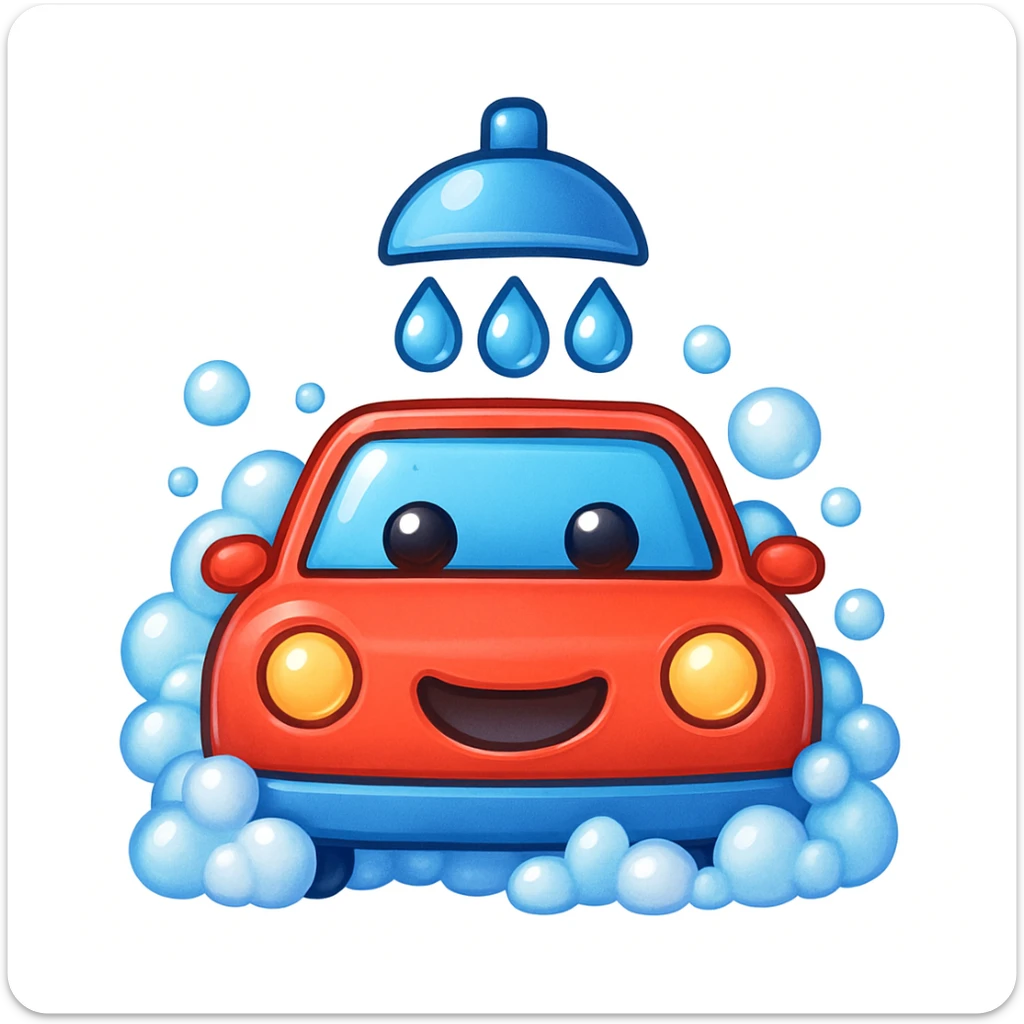 Make this car wash icon look even more like an Apple emoji, with lots of bubbles, a very cute and expressive style, and a glossy emoji finish. Emphasize the Apple emoji look as much as possible in the style of Apple emojis. sticker