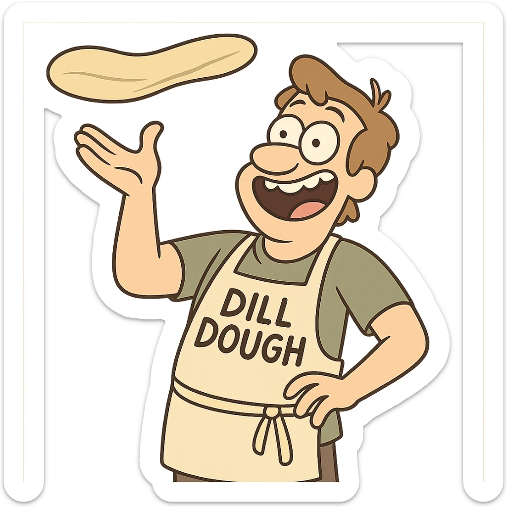 A cartoon character named Dill Dough with light brown hair, wearing an apron, tossing pizza dough in the air, cheerful and goofy expression. sticker