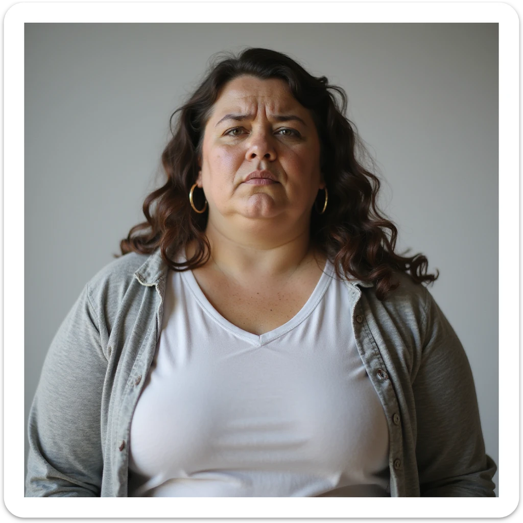 hyperrealistic 4K vertical 9:16 portrait of an overweight woman with a tired or frustrated expression, difficulty losing weight, isolated white background sticker