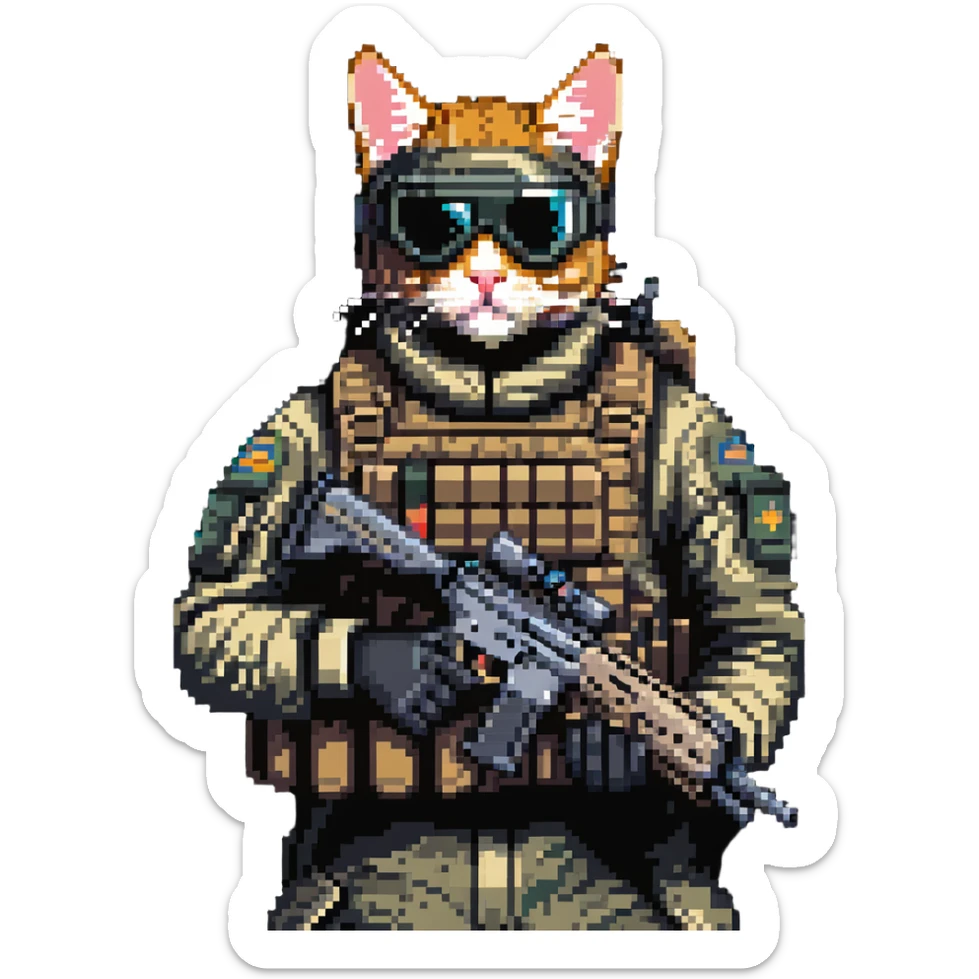 Simple pixel art of man with goggles in tactical gear holding gun and cat sticker