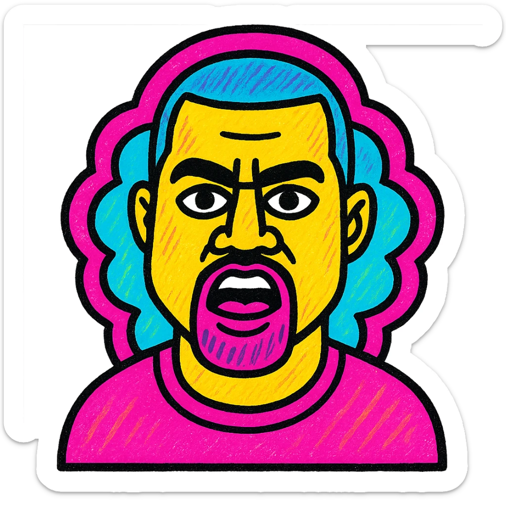 pop art style portrait of Kanye West with colorful background and expressive face sticker