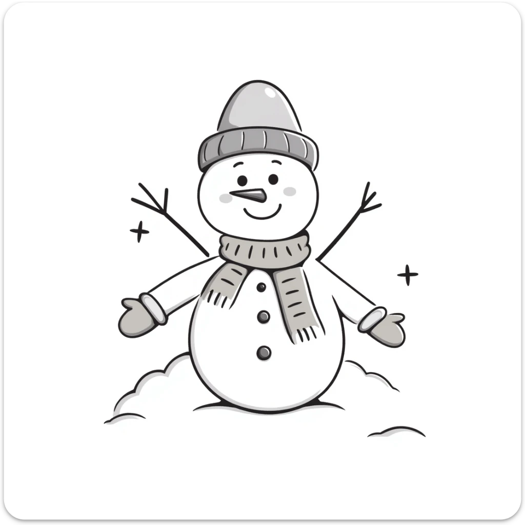 A cute snowman with scarf and winter accessories in pastel colors (dd9fb0, ffc6d3, a3bfc9, c4bee2, f1b091), hand-drawn doodle style sticker
