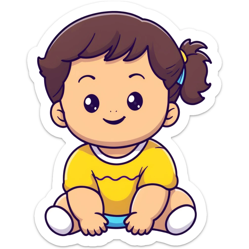 smiling toddler face with big eyes, medium skin tone, dark wavy hair, and a hair band sticker