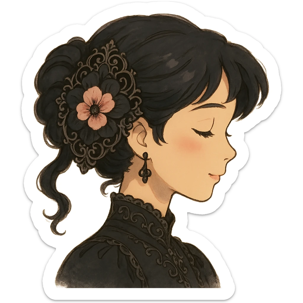 gothic hair clip, black and pink flower, ornate details, elegant, whimsical, soft lighting sticker