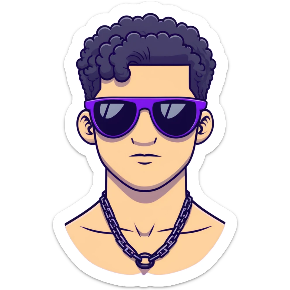 shirtless male athlete with white skin and moderately curly black hair on top with shaved sides, wearing purple sunglasses with very dark heavily tinted black lenses that completely hide the eyes, and a plain black chain necklace sticker