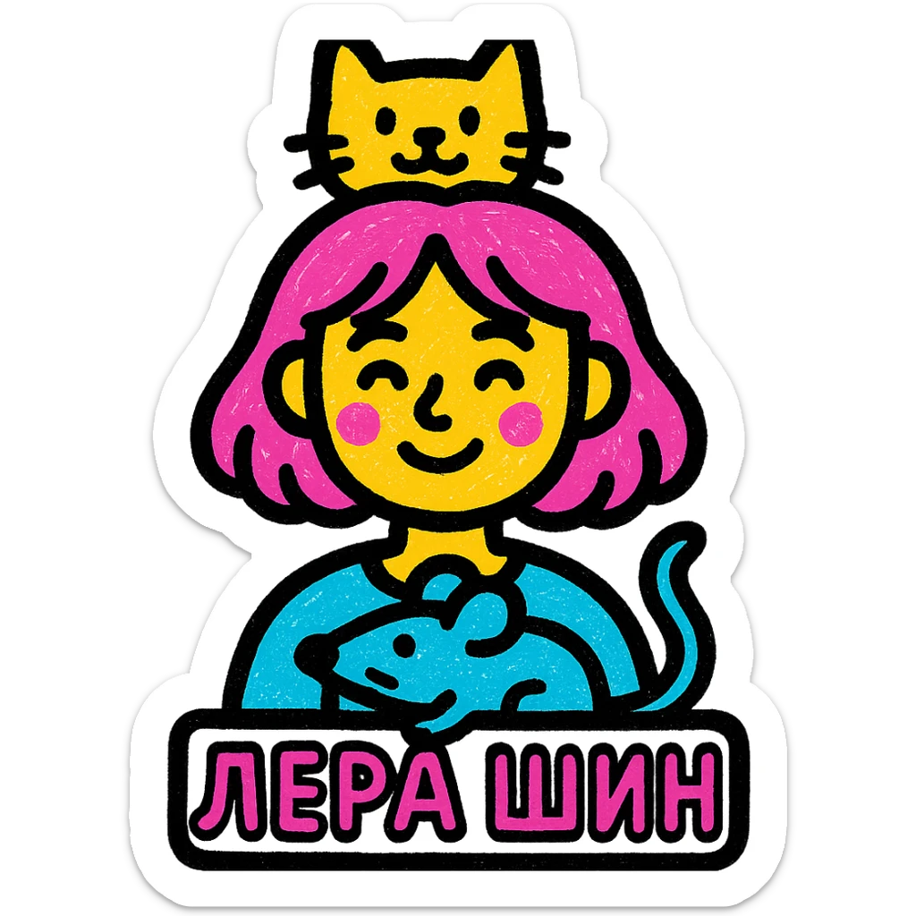 icon of Лера шин with a cat and a rat, playful icon style, rounded shapes, minimal color sticker