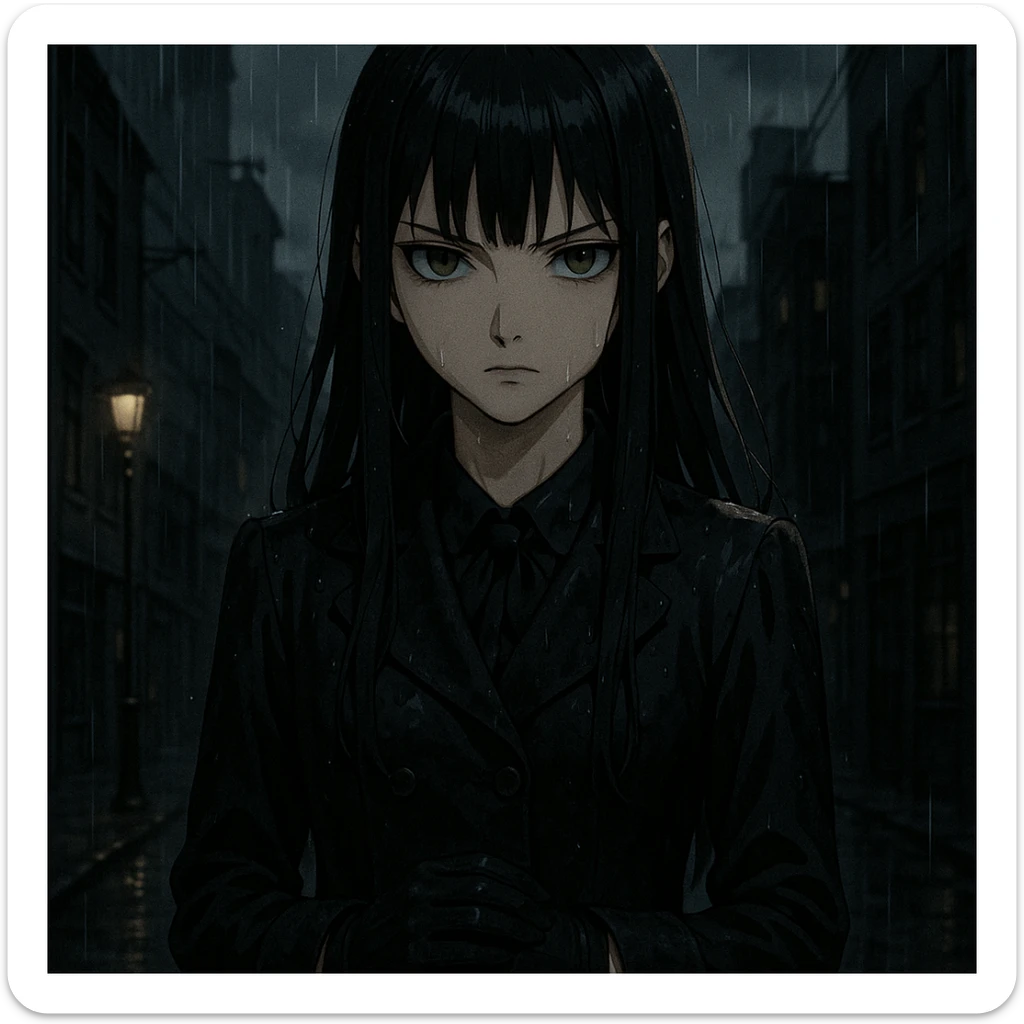 ultra-detailed anime girl with long straight black hair, sharp bangs, pale skin, amber green eyes, cold intense gaze, standing in the rain, cinematic lighting, wet dark school uniform, gloves, noir urban background, moody anime style, gothic shoujo, dramatic shadows sticker