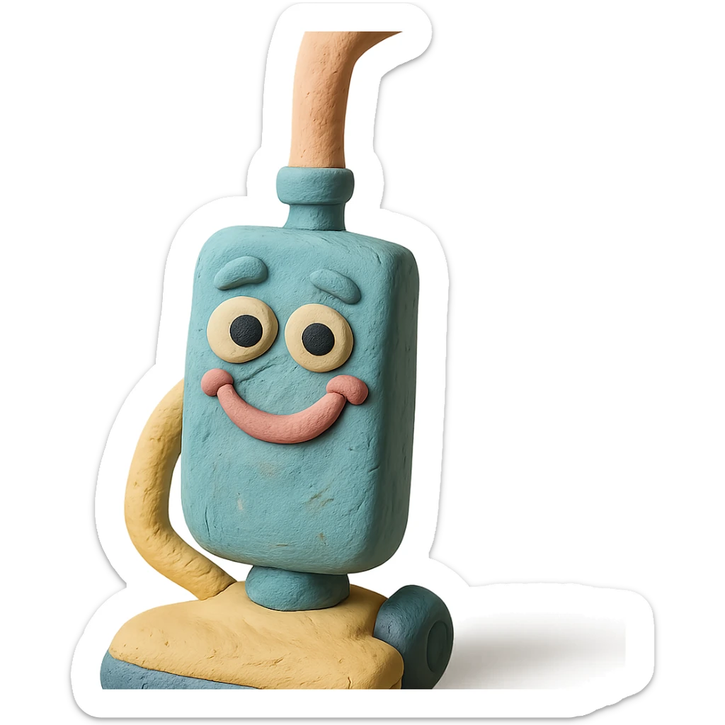 close-up of a playful upright vacuum with an expressive face in claymation style, pastel colors, detailed clay texture sticker