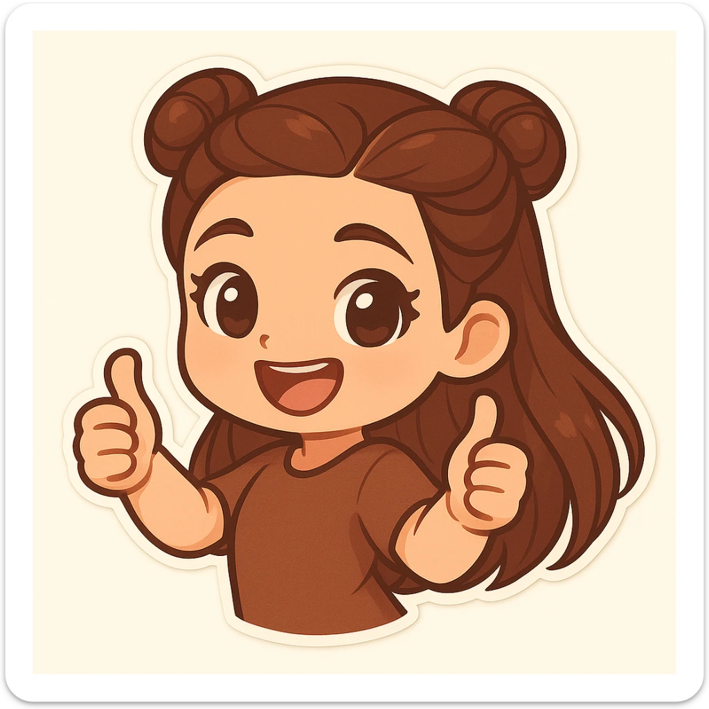 Create a chibi sticker of the girl with double bun hairstyle, giving a thumbs up with both hands, big smile, body turned slightly to the side, energetic and proud, same face and clothes as before. sticker