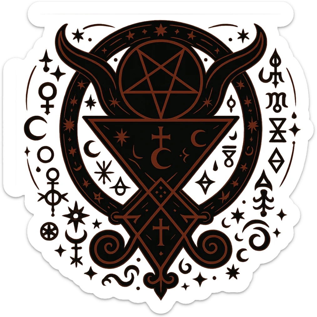 Add more occult symbols to Lucifer's emblem, elegant sigil with intricate and mystical details, black and red color scheme. The emblem should have a transparent background. sticker