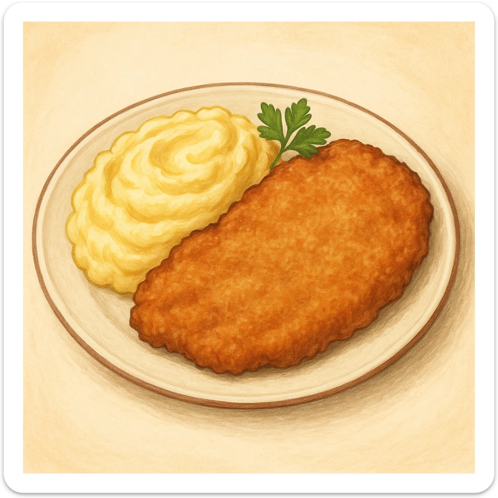 plato de milanesa con puré, el puré junto a la milanesa en el mismo plato, a modo de acompañamiento, ilustración clara y apetitosa sticker