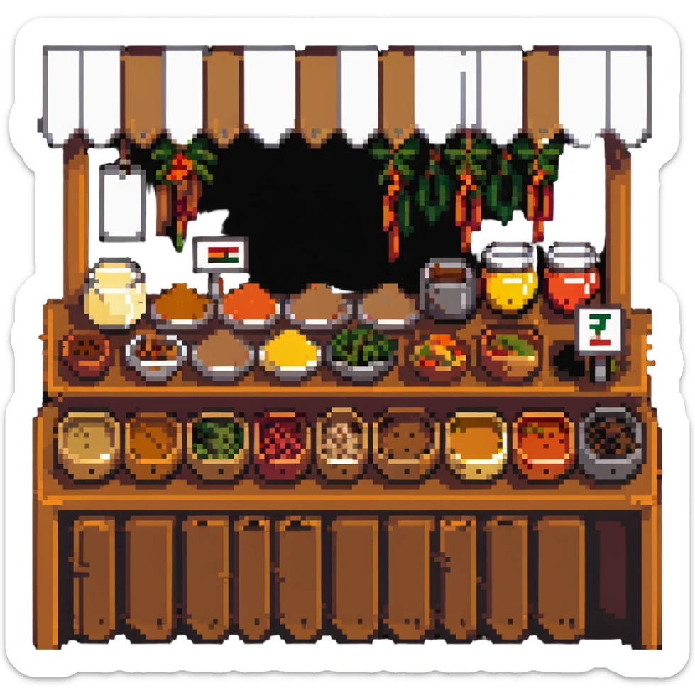 Spice market stall with colorful mounds of different spices sticker
