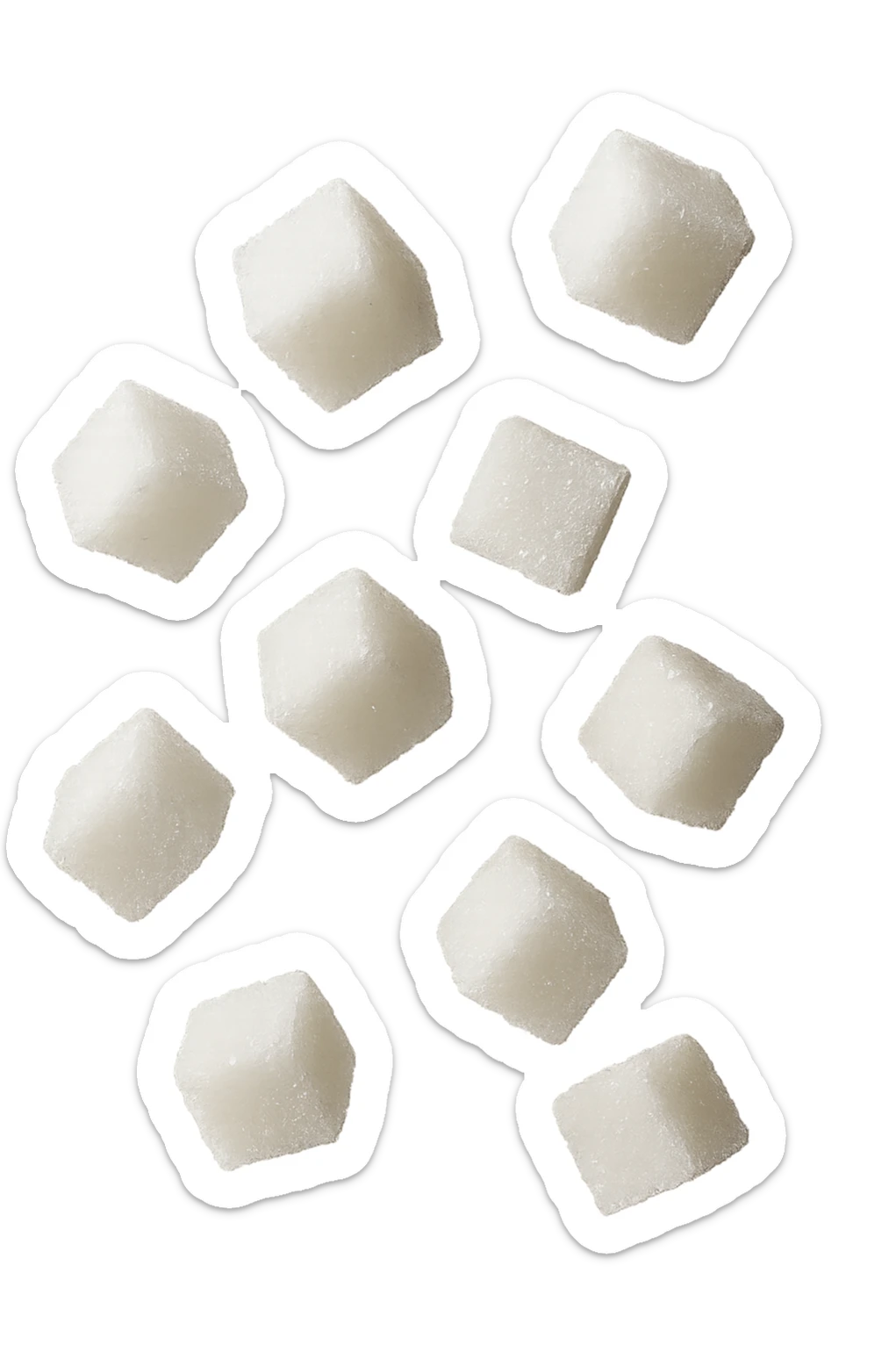 zollette di zucchero fluttuano in aria, iperrealistica 4k, isolato su sfondo bianco sticker