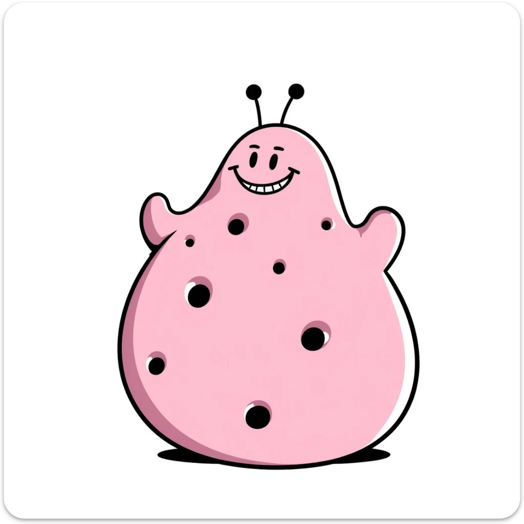 Majin Buu from Dragon Ball Z, pink blob monster with holes, antenna on head, mischievous smile sticker