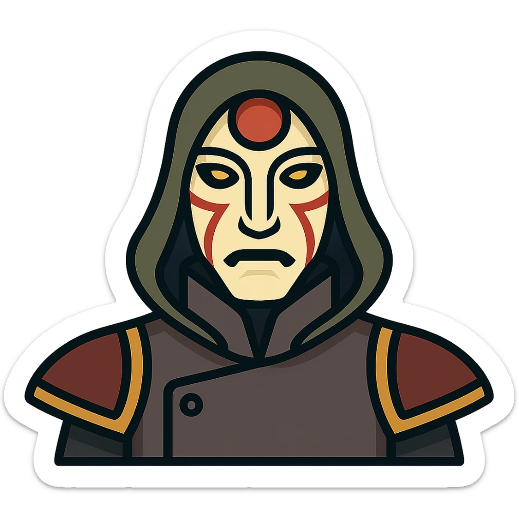 Amon from The Legend of Korra, masked revolutionary leader, mysterious and intimidating, clean modern icon style sticker