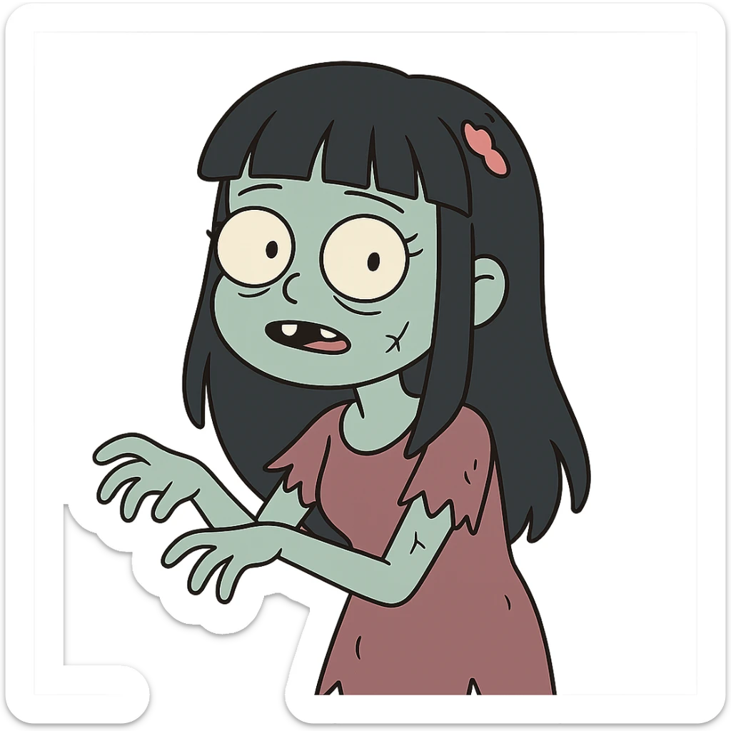 cute cartoon style zombie girl with light skin, long black hair with bangs, adorable and charming sticker