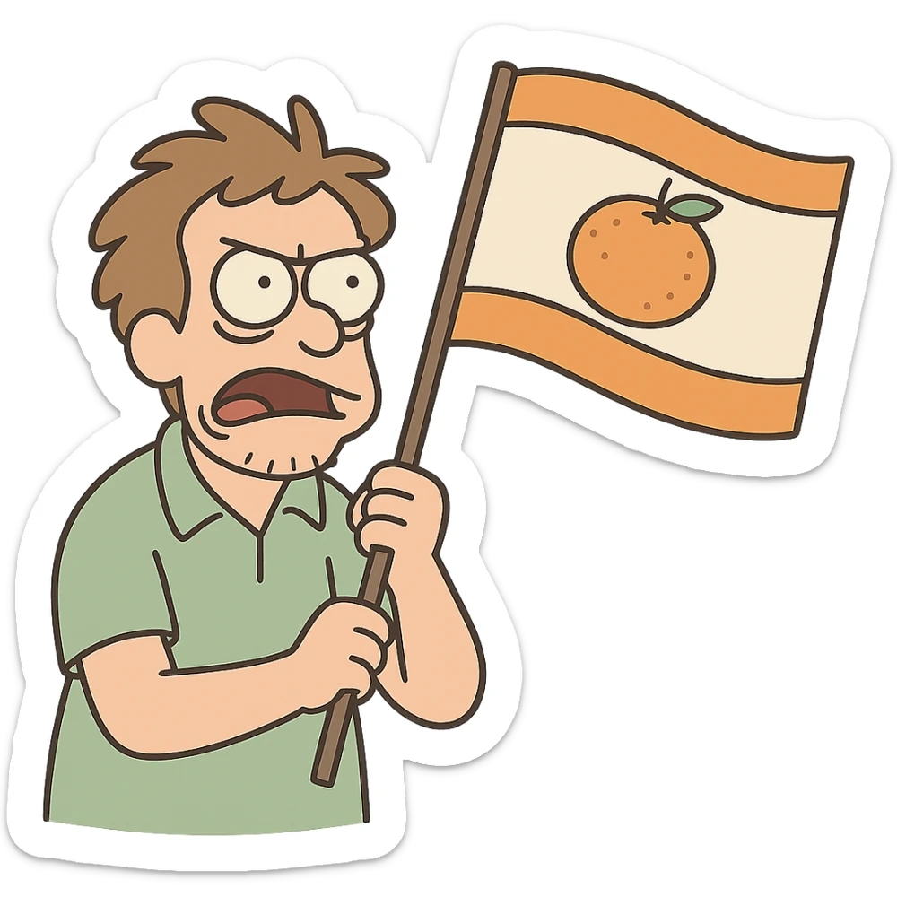flag with orange stripes on top and bottom, mandarin in the center, cartoon style, no text sticker