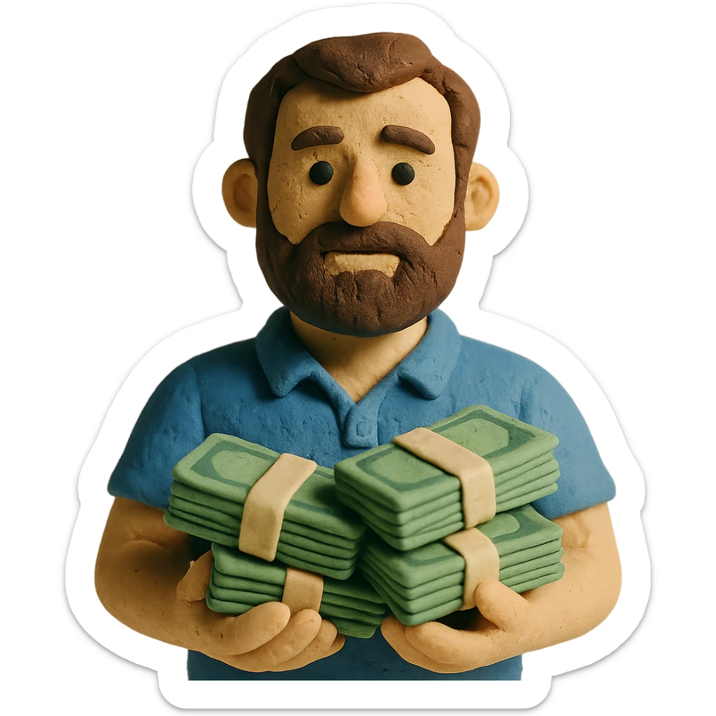bearded brown-haired man in a polo shirt holding bundles of bills in matte plasticine claymation style with visible fingerprints and pastel colors sticker