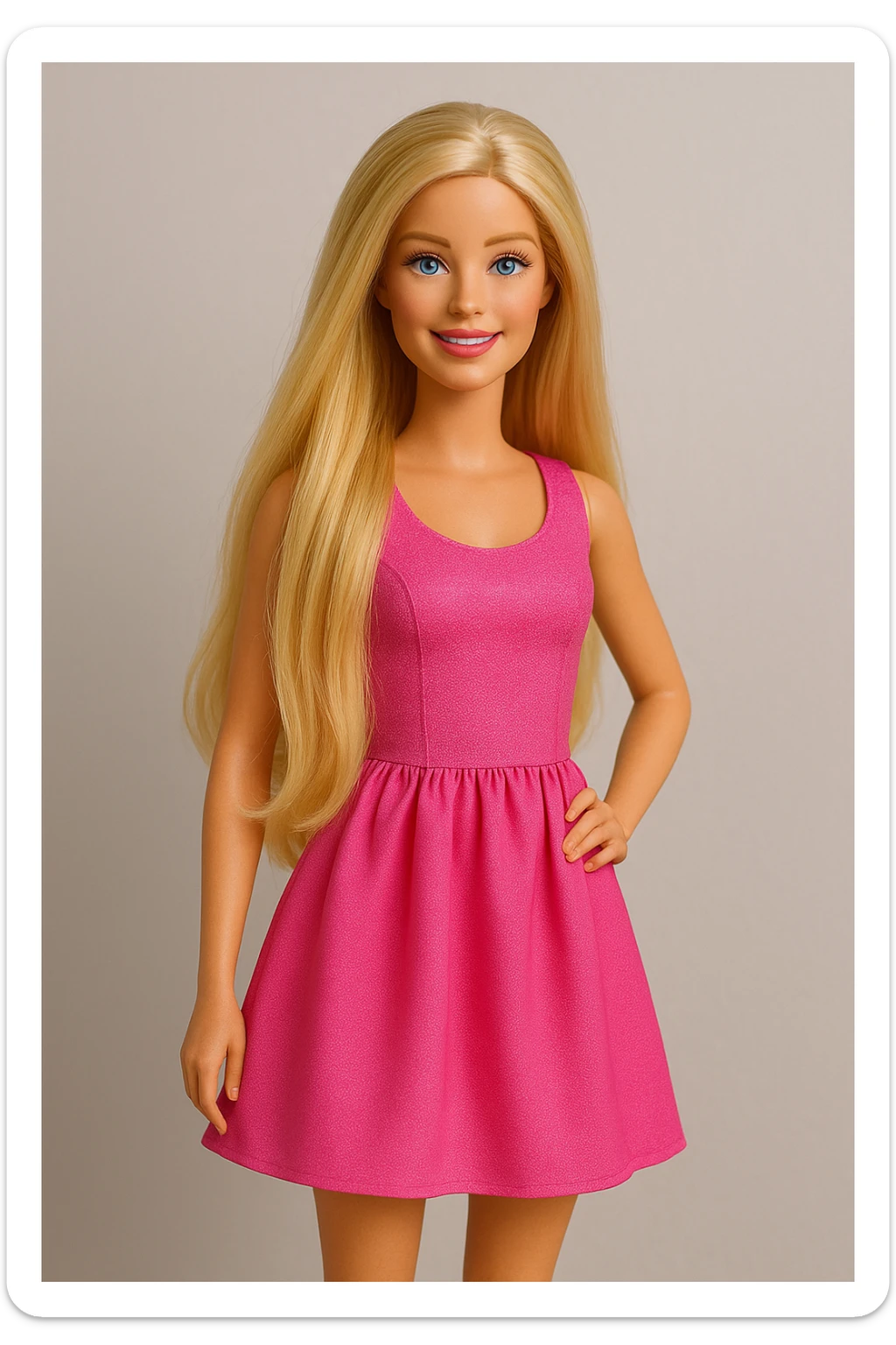 Barbie doll with long blonde hair, pink dress, smiling, standing pose sticker