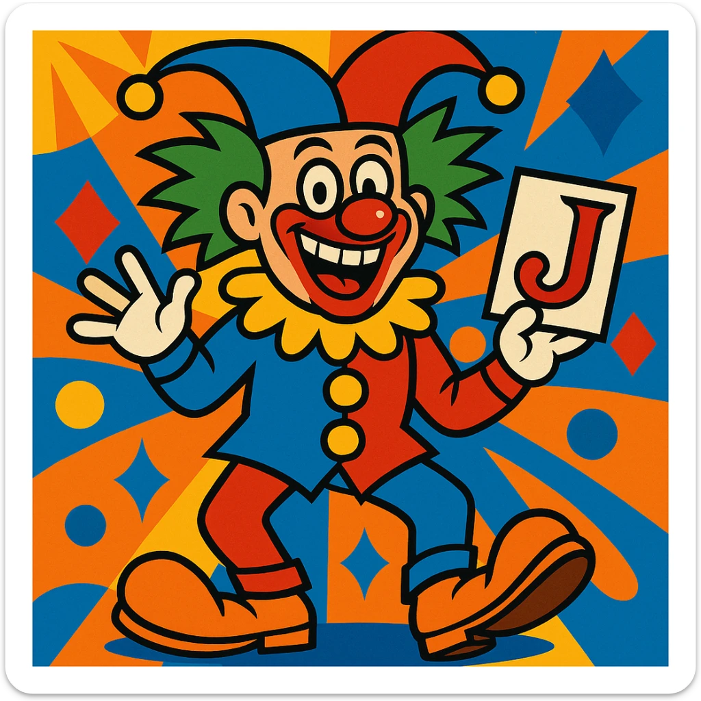 funny joker clown as a playing card character, oversized shoes, wild hair, lively background sticker