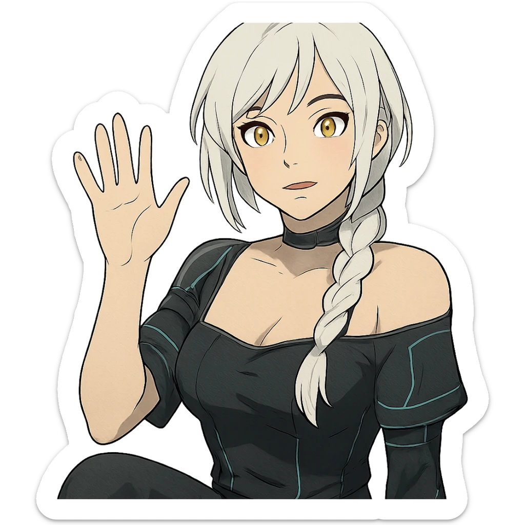  she is waving hello greetings, a closeup portrait of young woman with gold yellow eyes, white hair, long braid, black off-shoulder top d-cup, punk gothic style, futuristic cyberwave cyberpunk, sitting position
 sticker