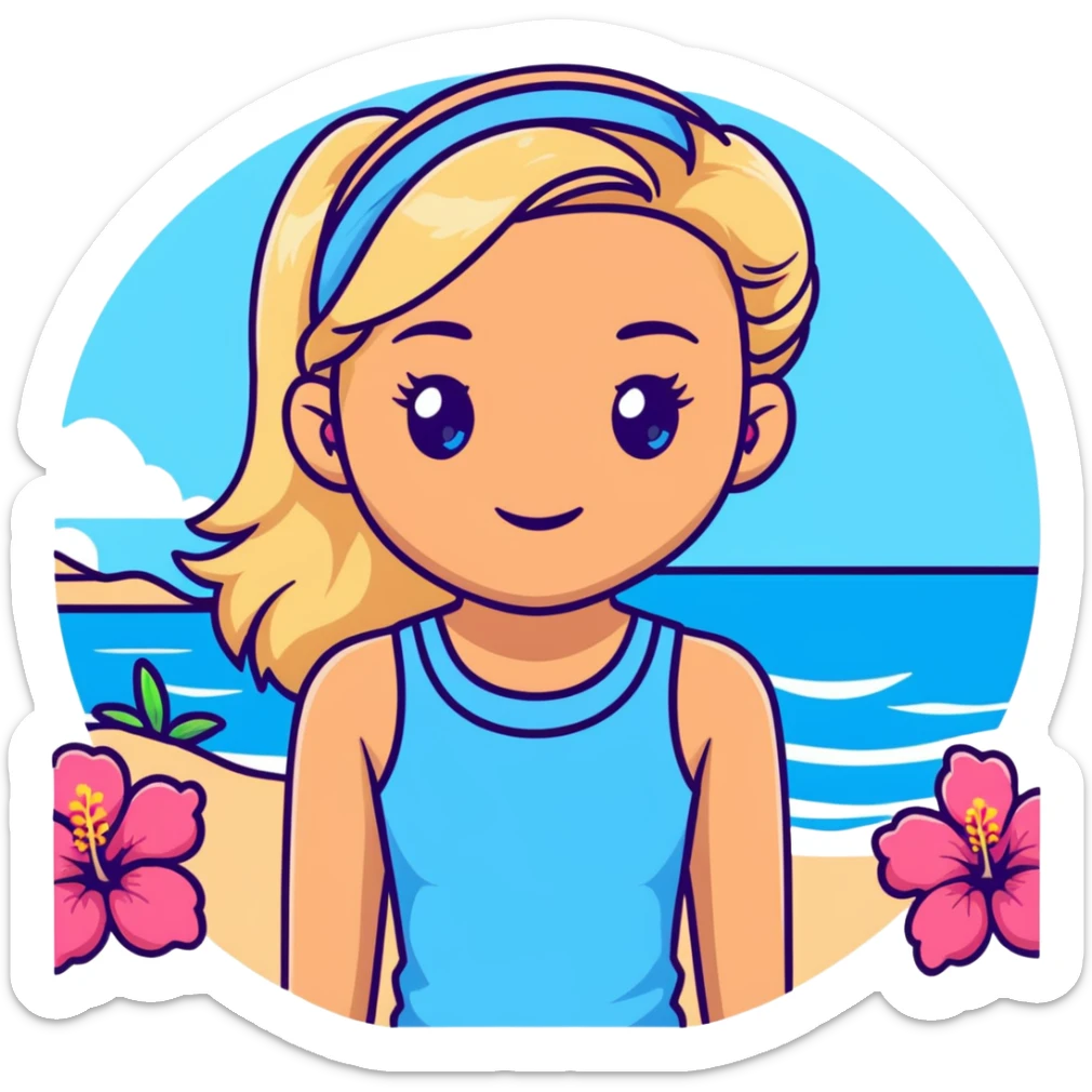 preppy coastal teen girl with blue eyes, beach blonde hair, tan skin, hibiscus flower in her ear, preppy beach outfit sticker
