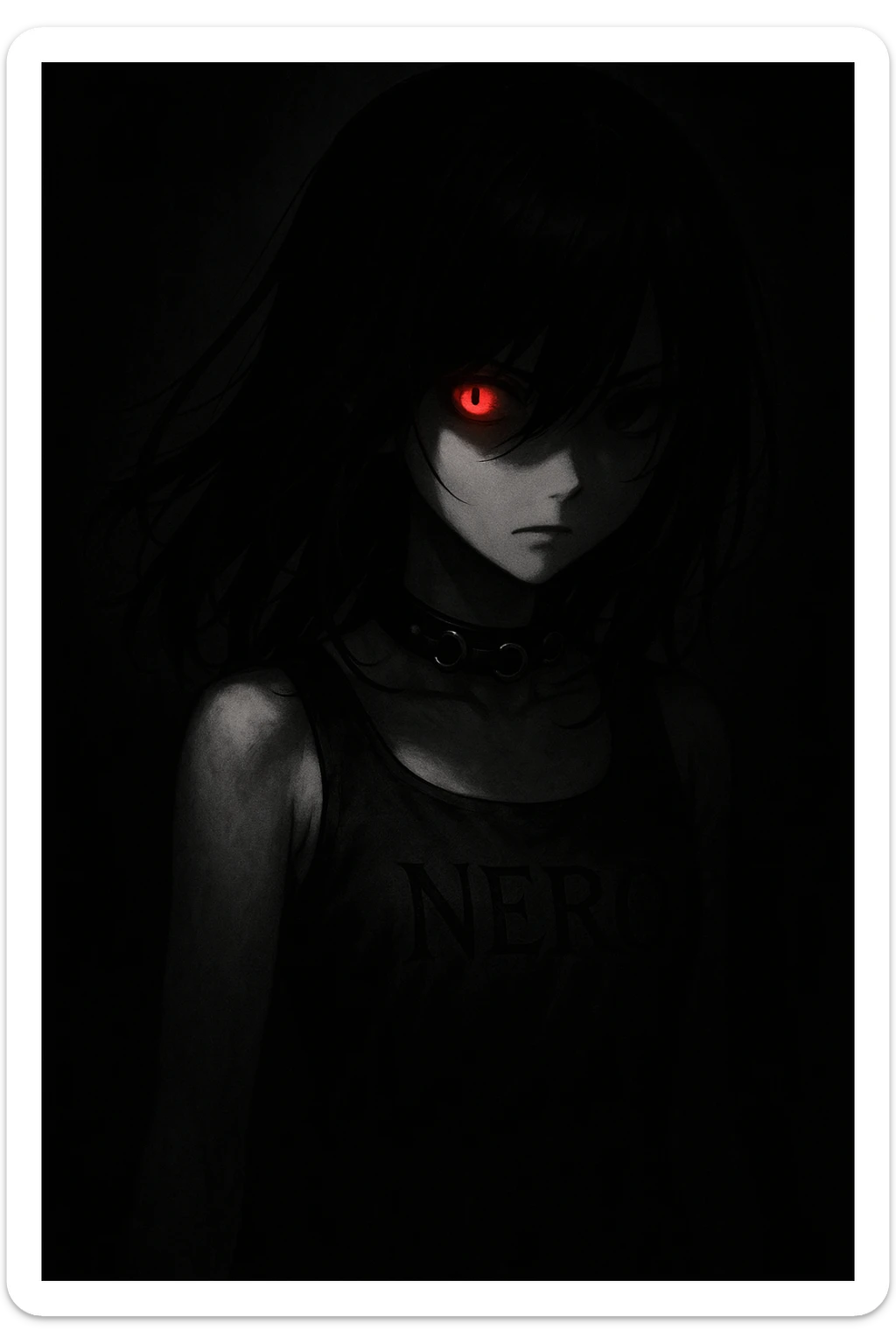 Anime girl emerging from darkness, jet-black hair over her face, turning right. Her left eye glows red with a menacing aura. She wears a black leather necklace with metal rings, and 'NERO' is engraved in black script on her dress. sticker