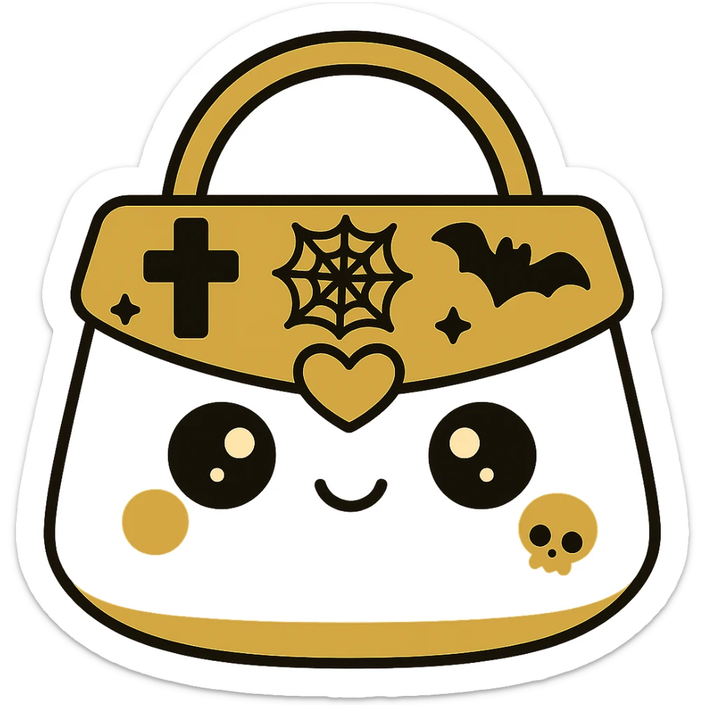 Change the color scheme to gold and black. Create a gothic kawaii purse with big eyes, smiling, cartoonish and playful style. Include gothic details like crosses, spiderwebs, bats, and skulls. Remove the background completely. sticker